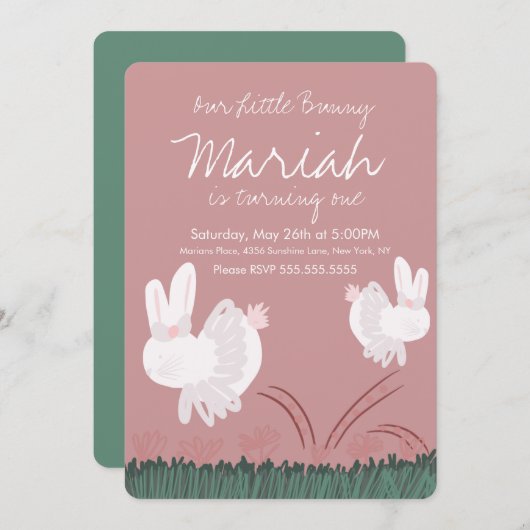 かわいいバニーイースター1st誕生日ハンドドロードクラフト 招待状 (正面/裏面)