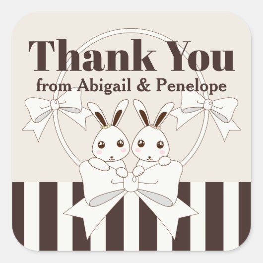 かわいいバニーガールツインベビーシャワー/誕生日のお気に入り スクエアシール (正面)
