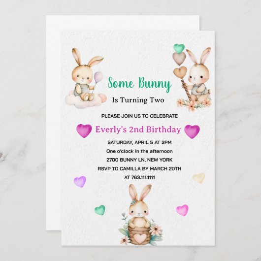 かわいいバニーガールバースデーパーティー 招待状 (正面/裏面)