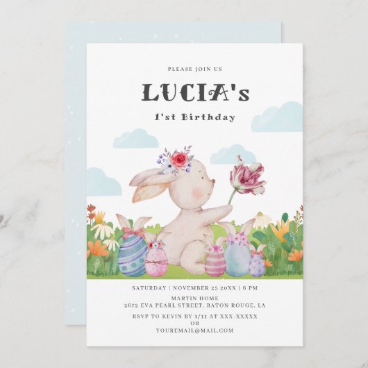 かわいいバニークラウドライブルーワンバースデー招待状 招待状 (正面/裏面)