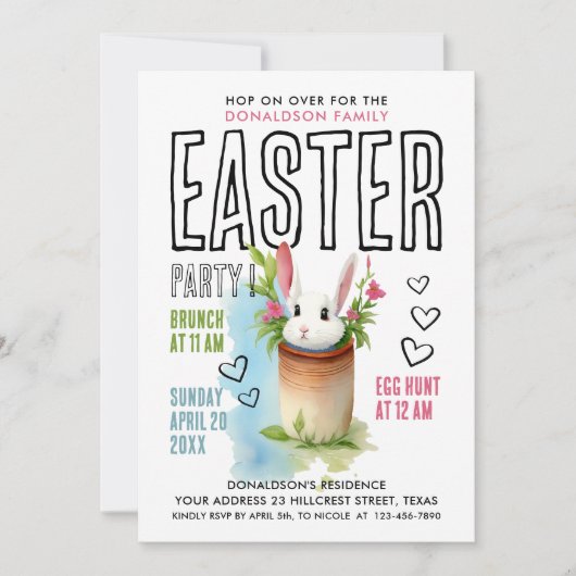 かわいいバニーグリーンピンクイースターエッグ狩り水色 招待状 (正面)