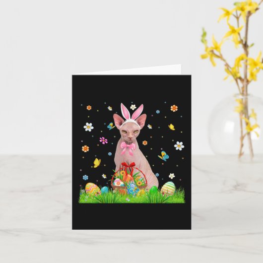 かわいいバニースフィンクス猫とイースターエッグバスケット復活祭 カード (黄色い花)