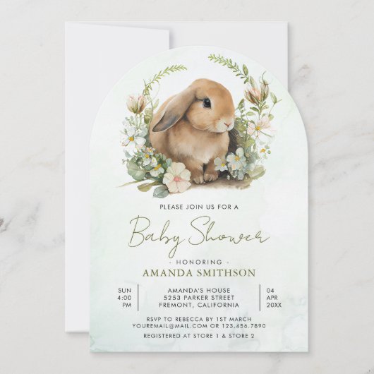 かわいいバニーセージ緑のフローラアーチベイビーシャワー 招待状 (正面)