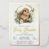 かわいいバニーセージ緑のフローラベビーシャワー金ゴールド 箔招待状 (正面)
