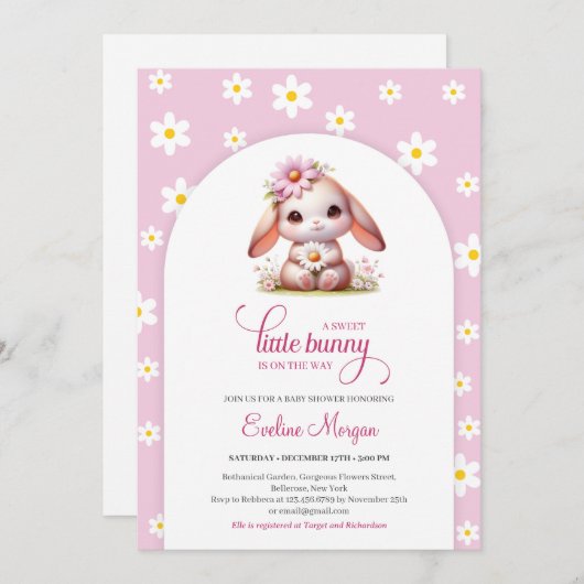 かわいいバニーソフトパステルピンク白いデイジー春 招待状 (正面/裏面)