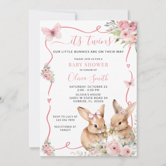 かわいいバニーツインズベビーシャワーガール招待状 招待状 (正面)