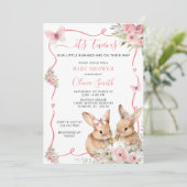かわいいバニーツインズベビーシャワーガール招待状 招待状 (スタンド正面)