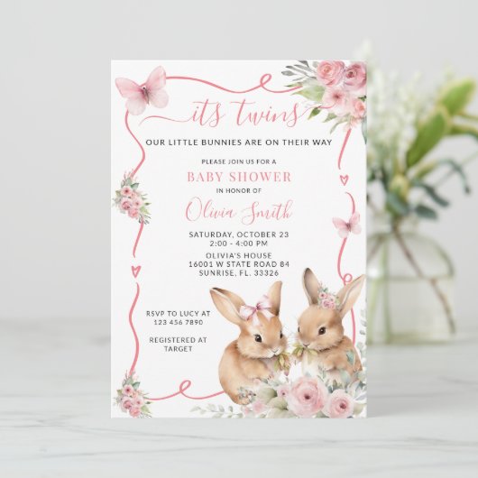 かわいいバニーツインズベビーシャワーガール招待状 招待状 (スタンド正面)