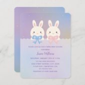 かわいいバニーツイン男の赤ちゃんとガールベビーシャワー 招待状 (正面/裏面)