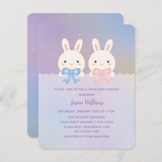 かわいいバニーツイン男の赤ちゃんとガールベビーシャワー 招待状 (正面/裏面)