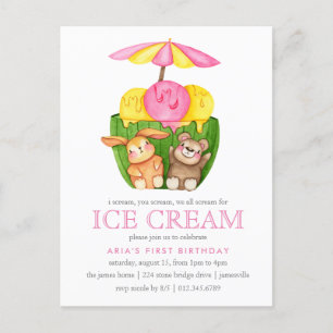 かわいいバニーテディベアアイスクリーム1st誕生日パーティー インビテーションポストカード