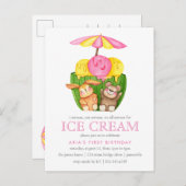 かわいいバニーテディベアアイスクリーム1st誕生日パーティー インビテーションポストカード (正面/裏面)