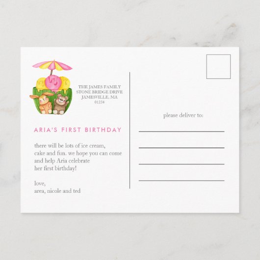 かわいいバニーテディベアアイスクリーム1st誕生日パーティー インビテーションポストカード (裏面)