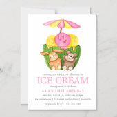 かわいいバニーテディベアアイスクリーム1st誕生日パーティー マグネット招待状 (正面)