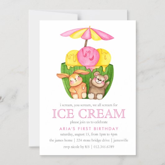 かわいいバニーテディベアアイスクリーム1st誕生日パーティー マグネット招待状 (正面)