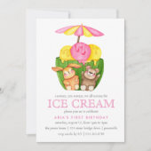 かわいいバニーテディベアアイスクリーム1st誕生日パーティー 招待状 (正面)