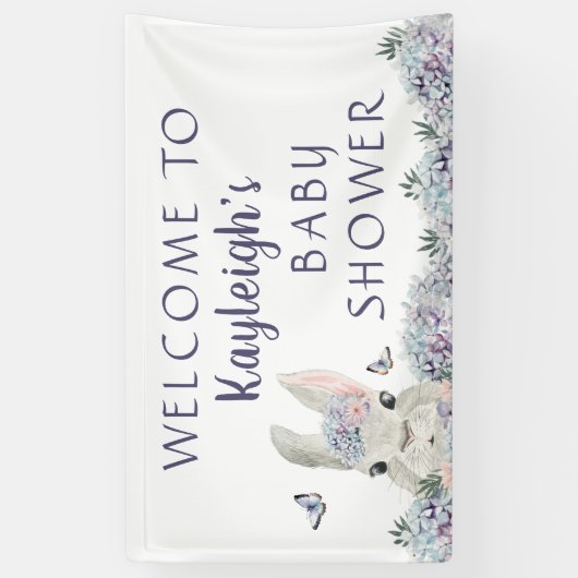かわいいバニーパープルフローラベビーシャワーへようこそ 横断幕 (縦)