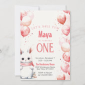 かわいいバニーピンクの冬カスタムの誕生日パーティー 招待状 (正面)