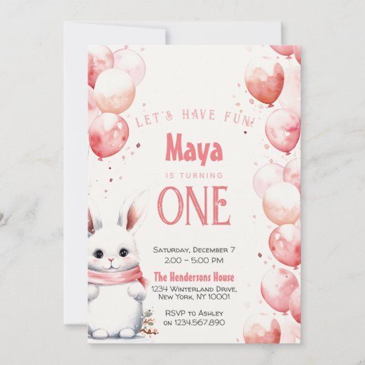 かわいいバニーピンクの冬カスタムの誕生日パーティー 招待状 (正面)