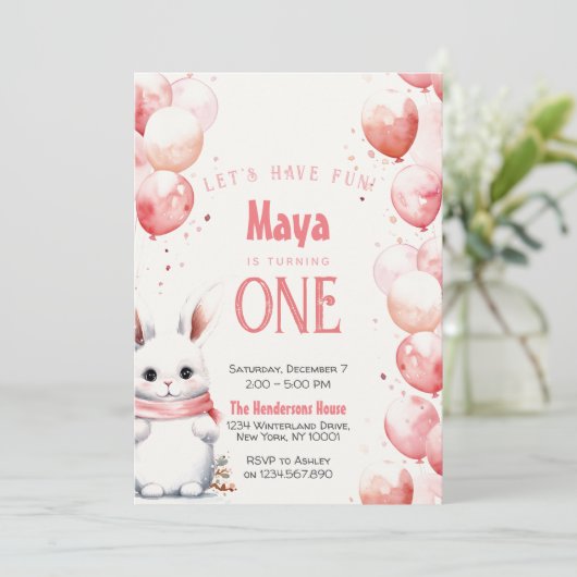 かわいいバニーピンクの冬カスタムの誕生日パーティー 招待状 (スタンド正面)
