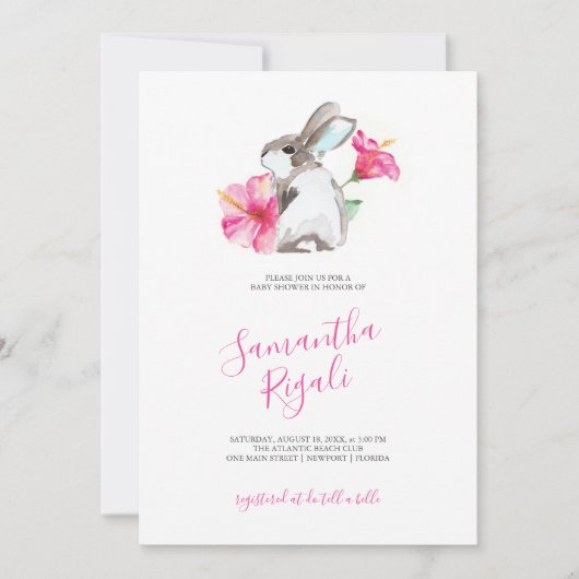 かわいいバニーピンクの女の子の赤ちゃんシャワー 招待状 (正面)
