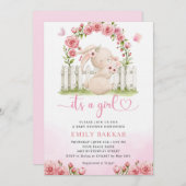 かわいいバニーピンクの水色ボホガール女の子ベビーシャワー 招待状 (正面/裏面)