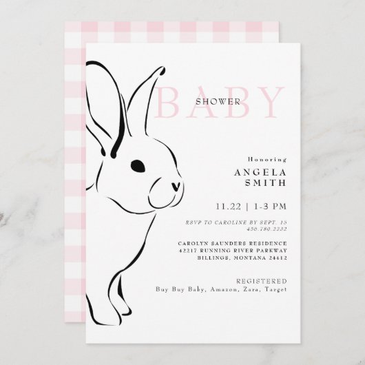 かわいいバニーピンクギンガムベビーガールシャワーII 招待状 (正面/裏面)