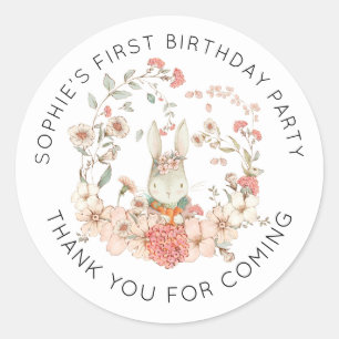 かわいいバニーピンクフローラ1歳の誕生日ありがとう ラウンドシール