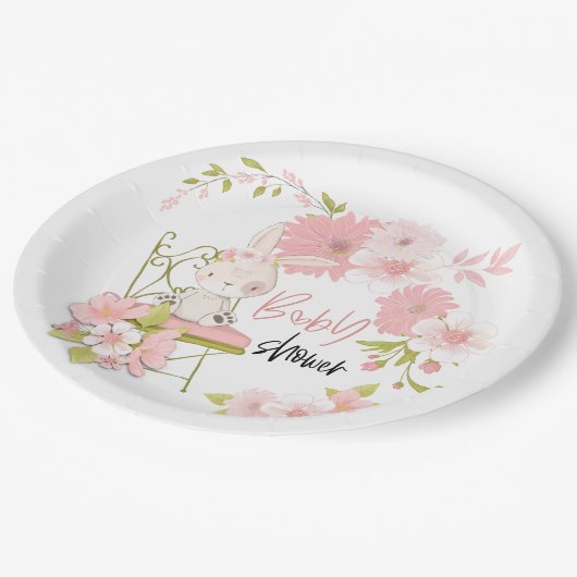 かわいいバニーピンク白いフローラフレーム赤ちゃんシャワー ペーパープレート (アングル)