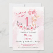 かわいいバニーピンク1stバースデーガールフローラ 招待状 (正面)