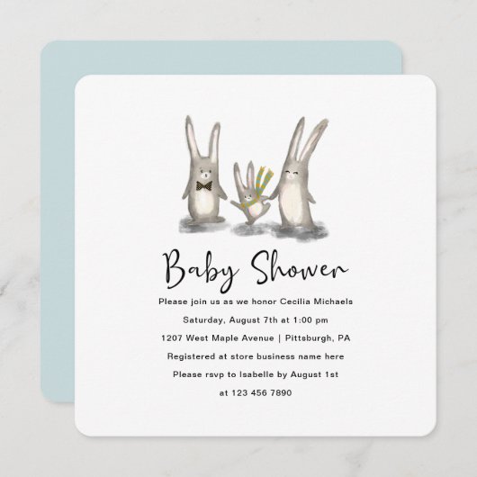 かわいいバニーファミリーベビーシャワー招待状 招待状 (正面/裏面)