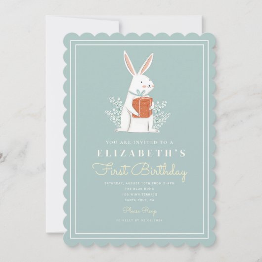 かわいいバニーファースト誕生日1歳の誕生日ターニングワン 招待状 (正面)