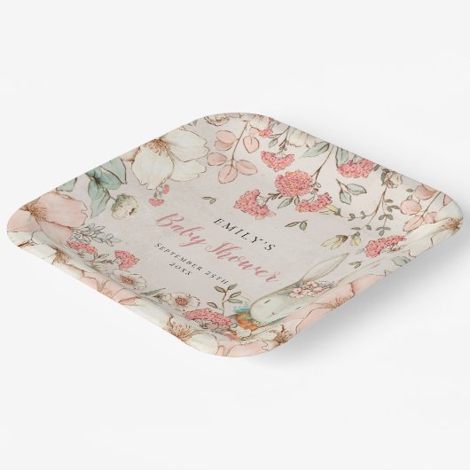 かわいいバニーフローラの葉ベビーシャワー ペーパープレート (傾斜あり)