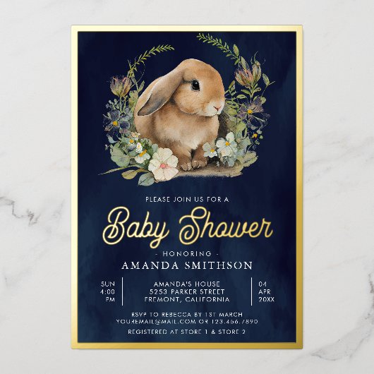 かわいいバニーフローラネイビーブルーベビーシャワー金ゴールド 箔招待状 (正面)