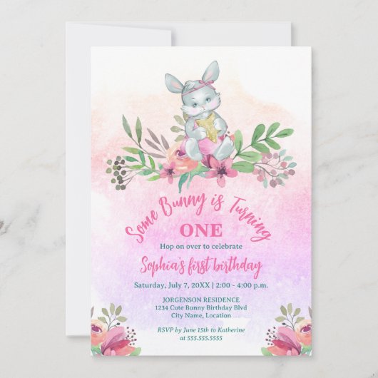 かわいいバニーフローラ誕生日パーティー 招待状 (正面)