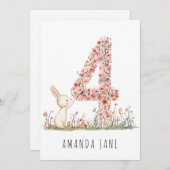 かわいいバニーフローラ4歳の誕生日 招待状 (正面/裏面)