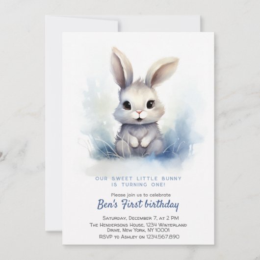 かわいいバニーブルー冬カスタムの誕生日パーティー 招待状 (正面)