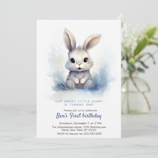かわいいバニーブルー冬カスタムの誕生日パーティー 招待状 (スタンド正面)