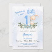 かわいいバニーブルー緑1歳の誕生日ボーイ 招待状 (正面)