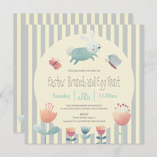 かわいいバニーブルー&ホワイトストライプのイースターエッグ狩り 招待状 (正面/裏面)