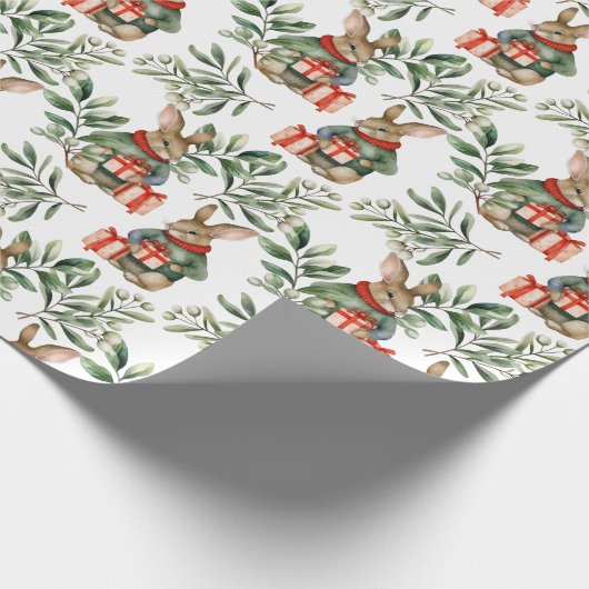 かわいいバニーラビットウォーターカラークリスマスホリデー ラッピングペーパー (角)
