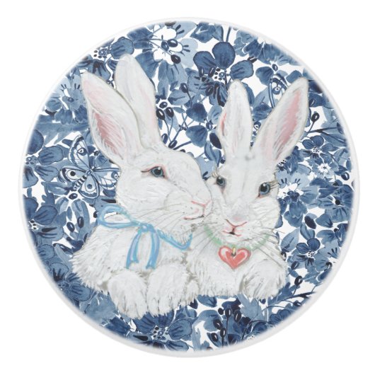 かわいいバニーラビットネイビーブルーフラワーバタフライガーリー セラミックノブ (正面)
