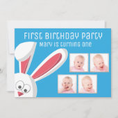 かわいいバニーラビットフォトコラージュ1歳の誕生日パーティー 招待状 (正面)
