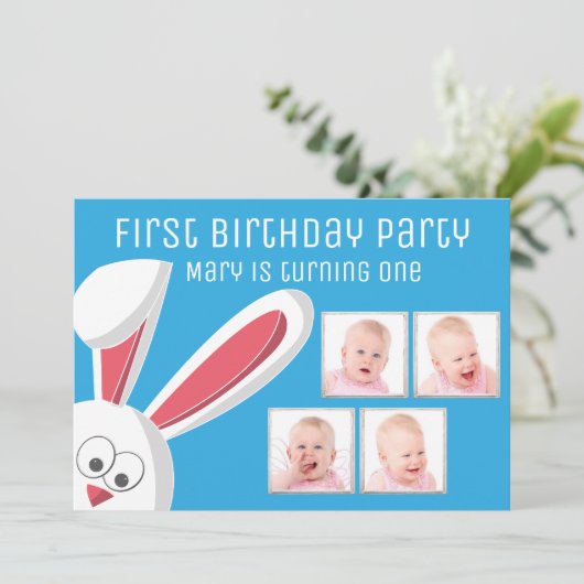 かわいいバニーラビットフォトコラージュ1歳の誕生日パーティー 招待状 (スタンド正面)