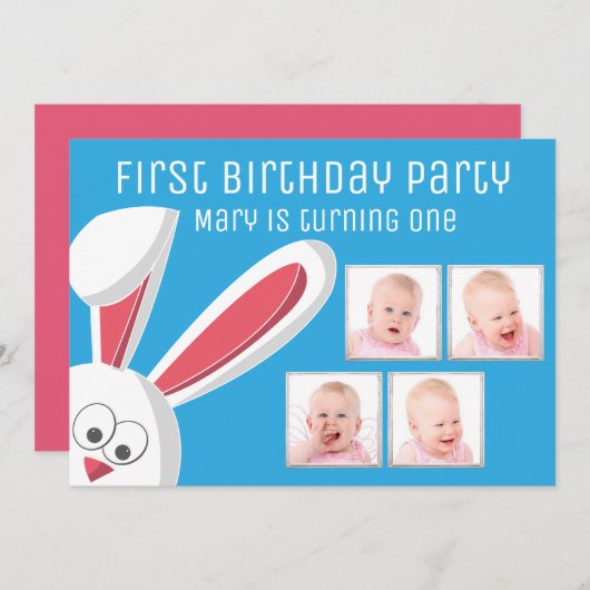かわいいバニーラビットフォトコラージュ1歳の誕生日パーティー 招待状 (正面/裏面)