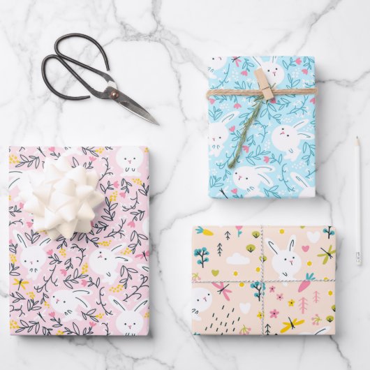 かわいいバニーラビットラッピング紙セット3 ラッピングペーパーシート (正面)
