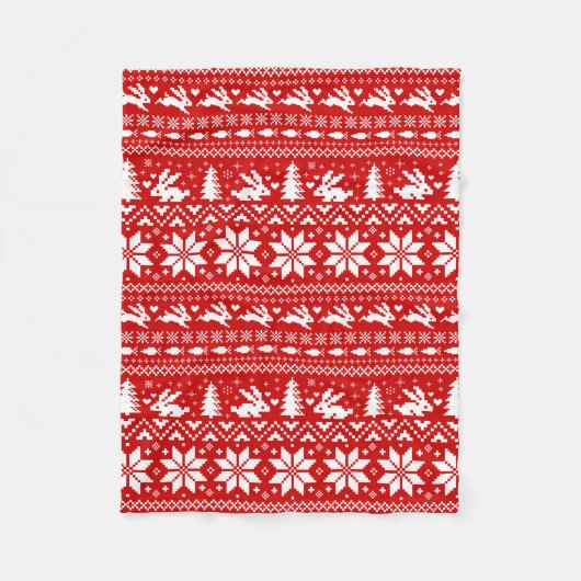 かわいいバニーラビットレッドクリスマスホリデーパターン フリースブランケット (正面)