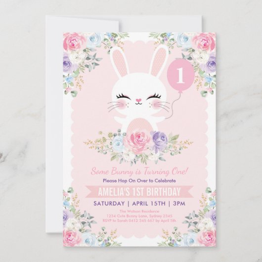 かわいいバニーラビット春の花1st誕生日 招待状 (正面)