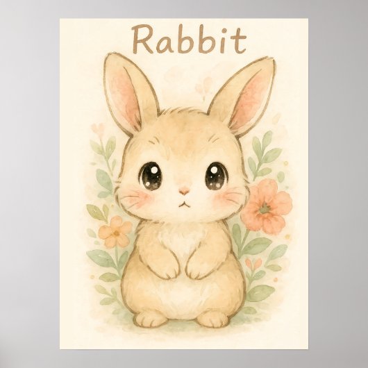 かわいいバニーラビット – ソフトウォーター色の子供部屋動物 ポスター (正面)