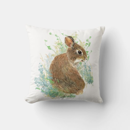 かわいいバニーラビット、水彩自然、野生生物 クッション (正面)
